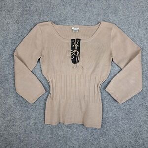 Cache Sweater Womens Small Beige Silk Blend Sweater Ribbed Long Sleeve  Top